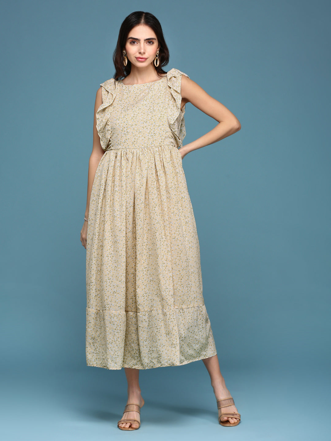 Women's Yellow Chiffon Fit & Flare Dress