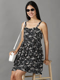 Women's Black Floral Crepe Fit & Flare Dress
