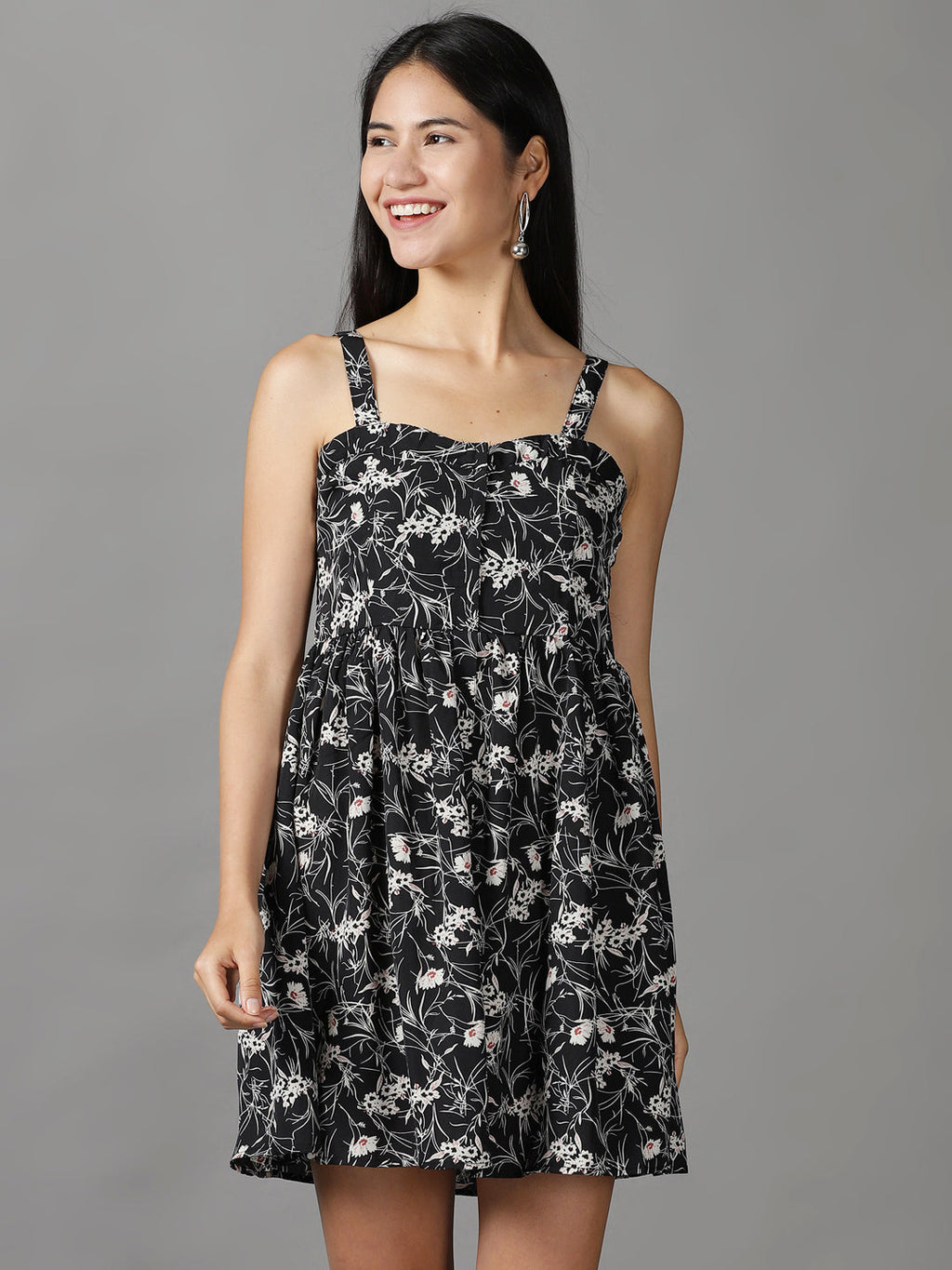 Women's Black Floral Crepe Fit & Flare Dress