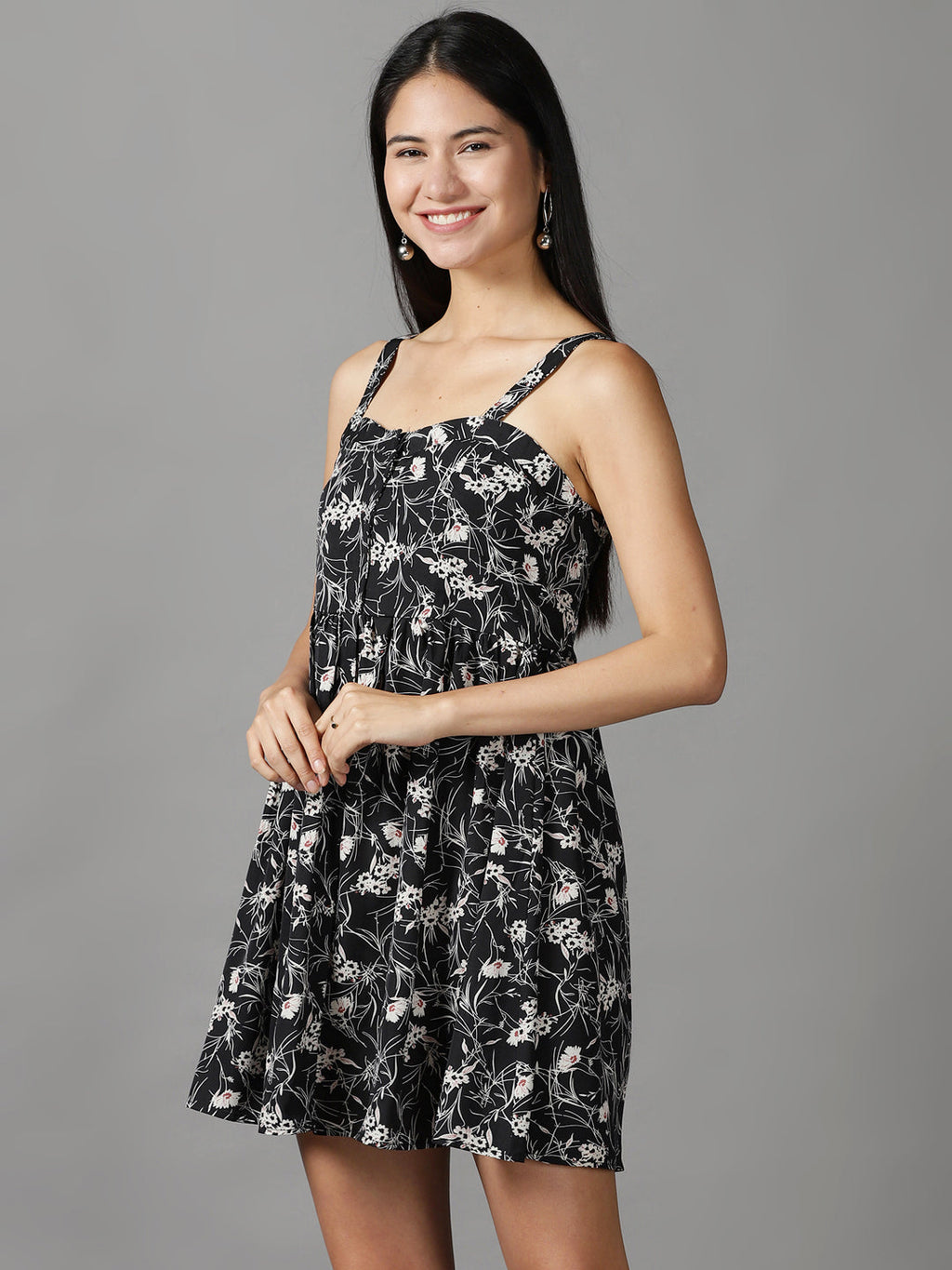 Women's Black Floral Crepe Fit & Flare Dress