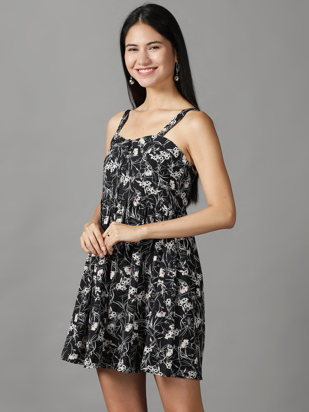 Women's Black Floral Crepe Fit & Flare Dress