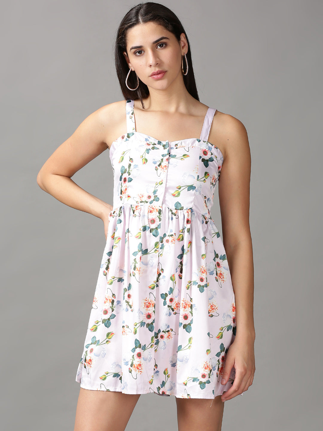 Women's Pink Floral Satin Fit & Flare Dress
