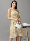 Women's Khaki Floral Off-Shoulder Fit & Flare Dress