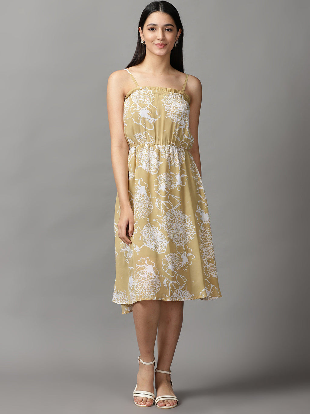 Women's Khaki Floral Off-Shoulder Fit & Flare Dress