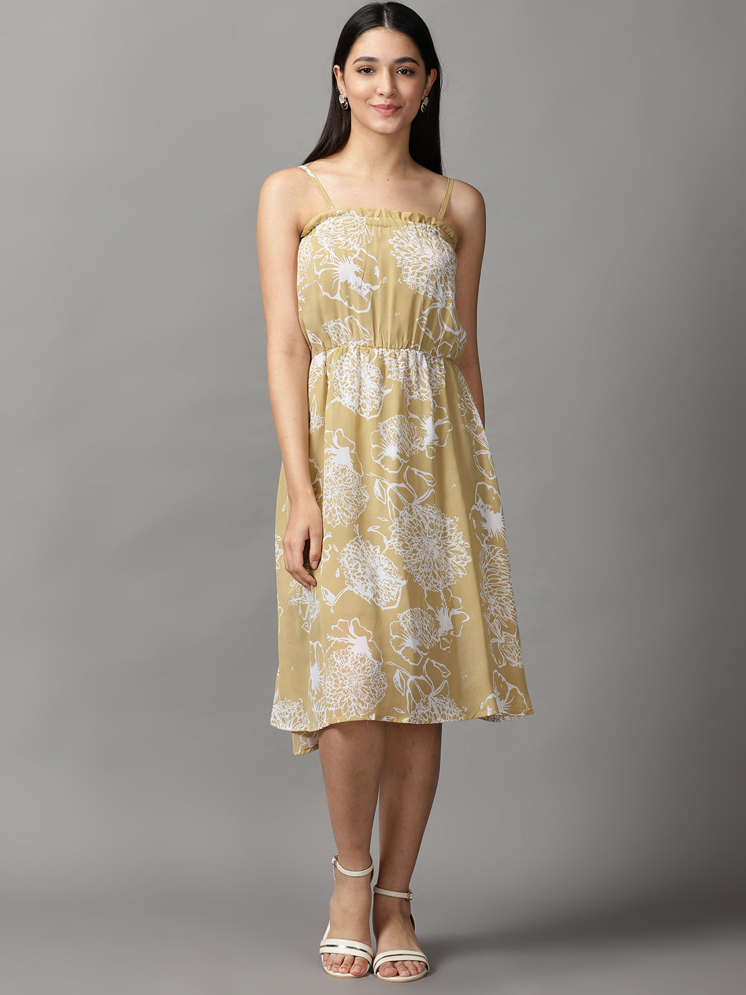 Women's Khaki Floral Off-Shoulder Fit & Flare Dress