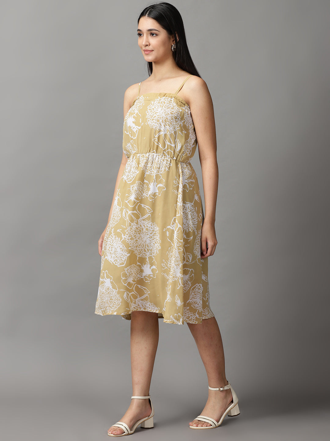 Women's Khaki Floral Off-Shoulder Fit & Flare Dress