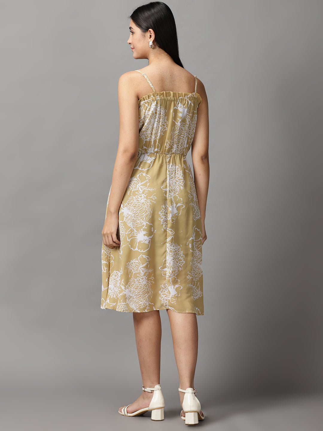 Women's Khaki Floral Off-Shoulder Fit & Flare Dress
