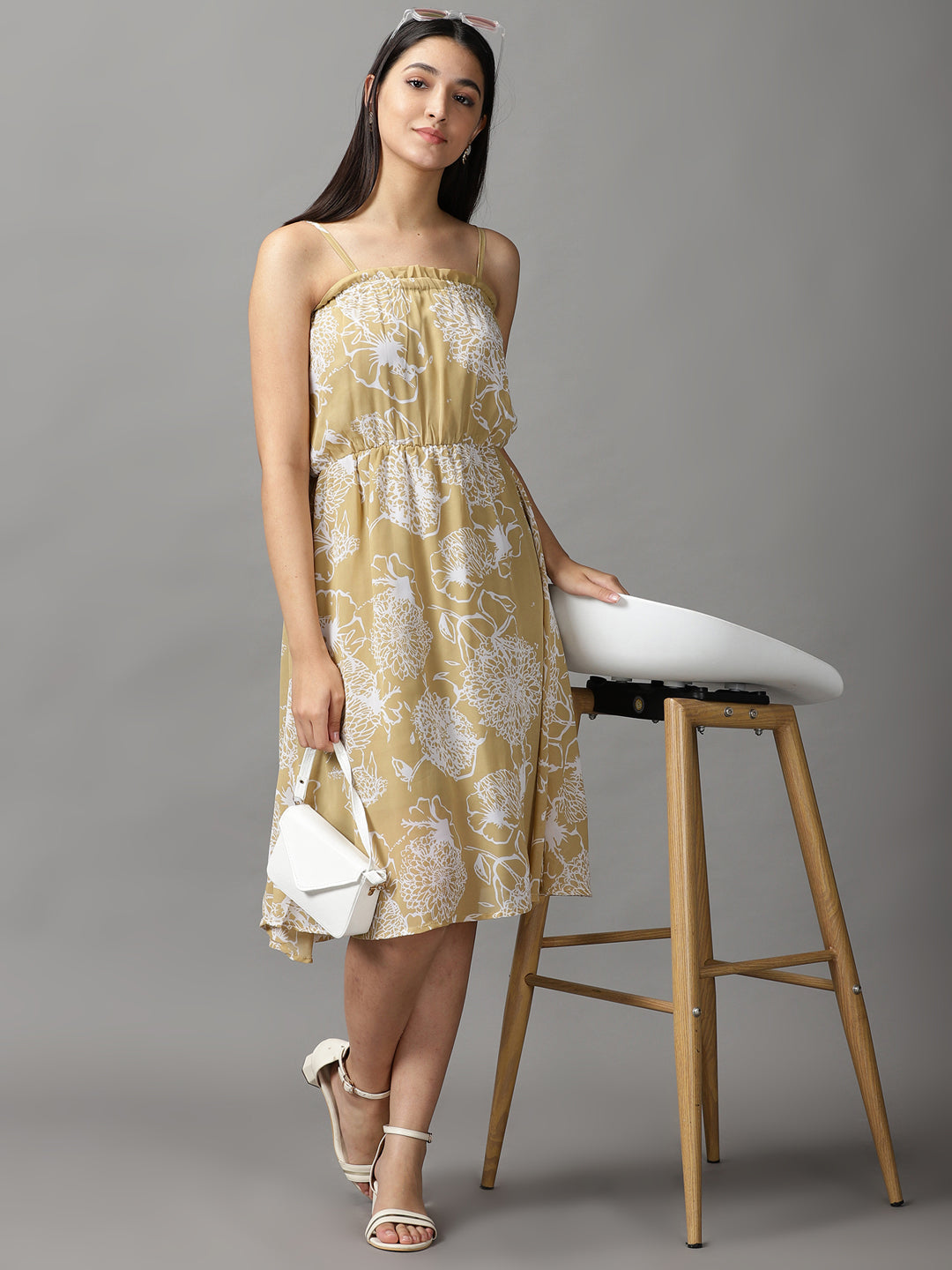 Women's Khaki Floral Off-Shoulder Fit & Flare Dress