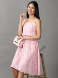 Women's Pink Ethnic Motifs Crepe Fit & Flare Dress