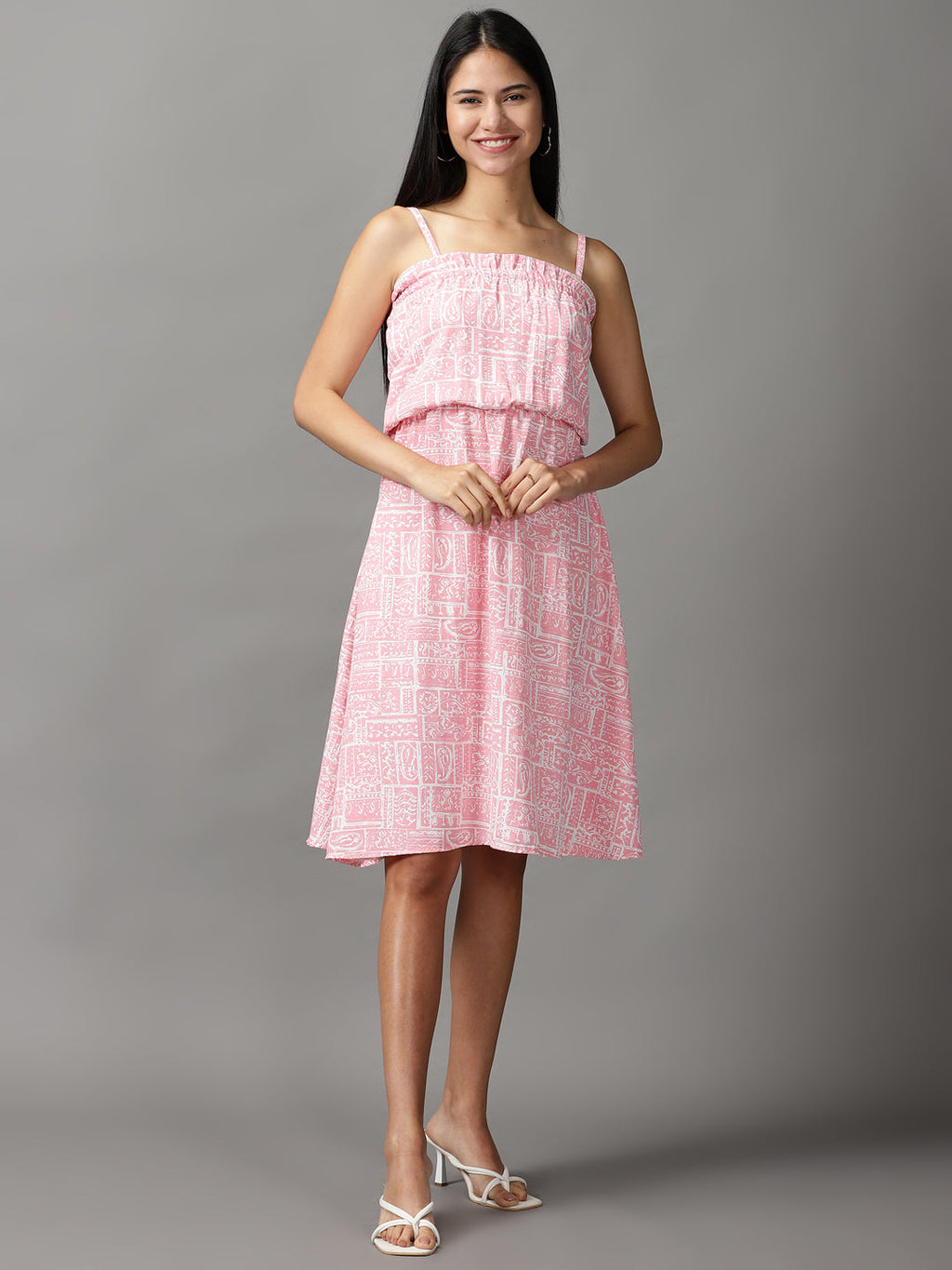 Women's Pink Ethnic Motifs Crepe Fit & Flare Dress
