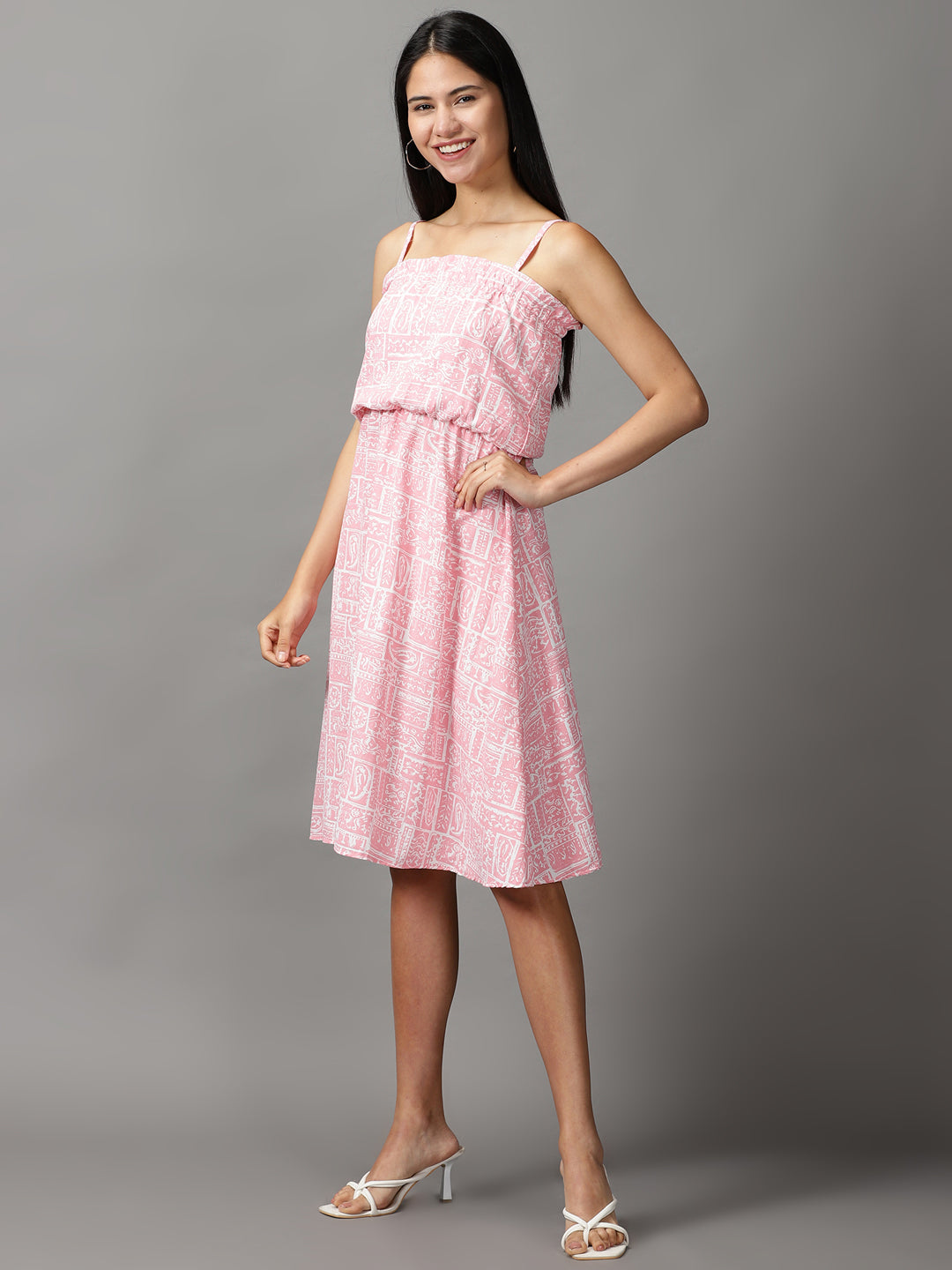 Women's Pink Ethnic Motifs Crepe Fit & Flare Dress