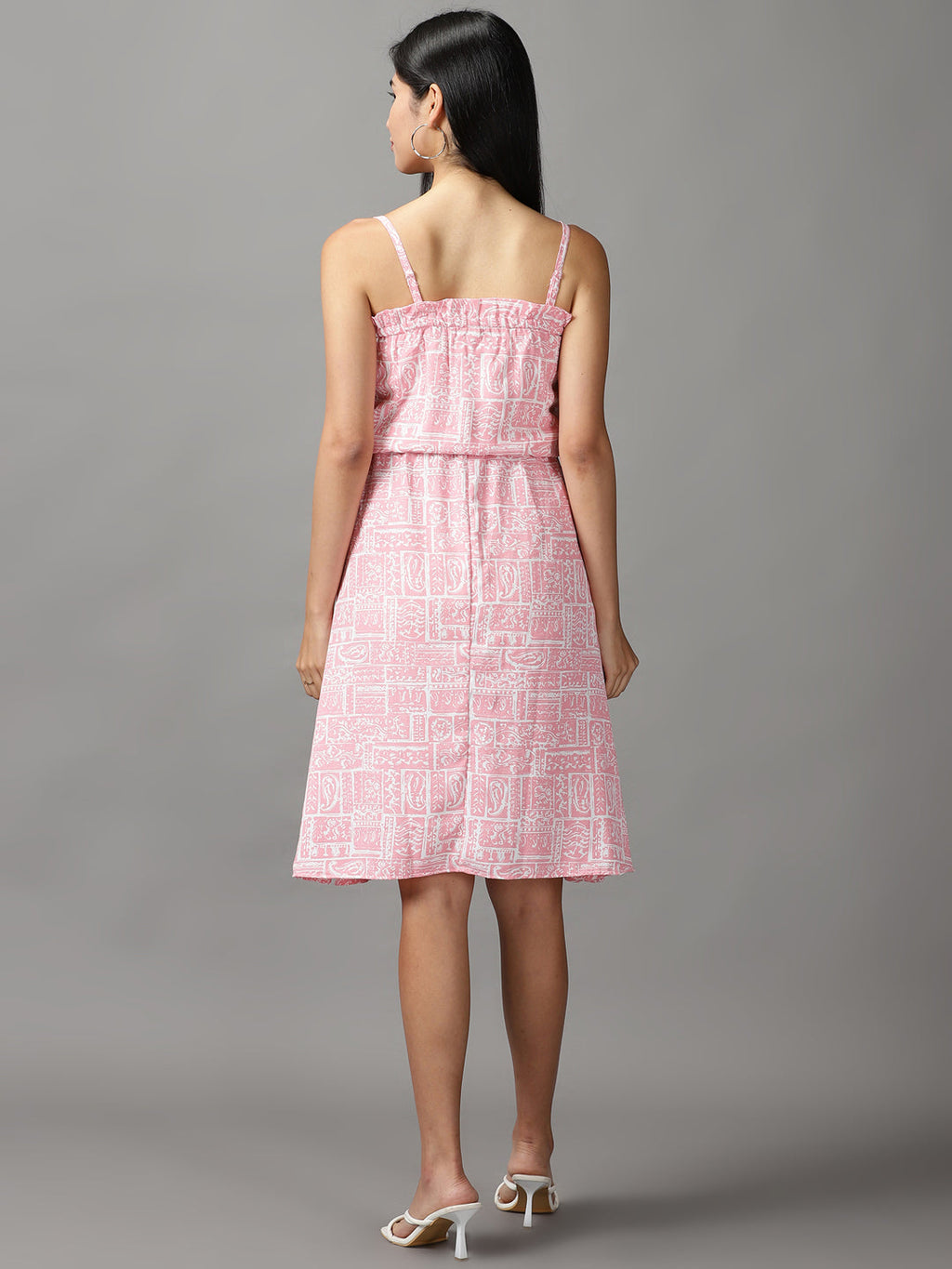 Women's Pink Ethnic Motifs Crepe Fit & Flare Dress