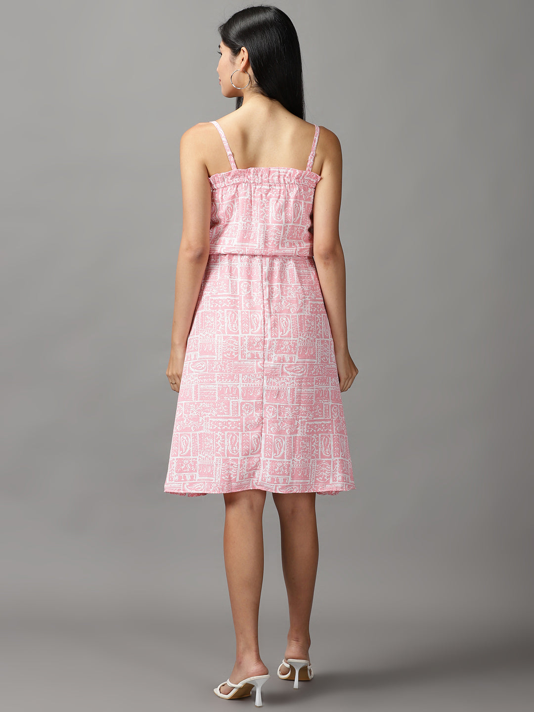 Women's Pink Ethnic Motifs Crepe Fit & Flare Dress