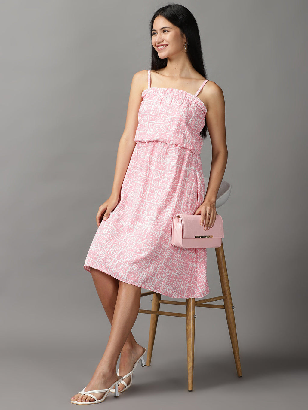 Women's Pink Ethnic Motifs Crepe Fit & Flare Dress