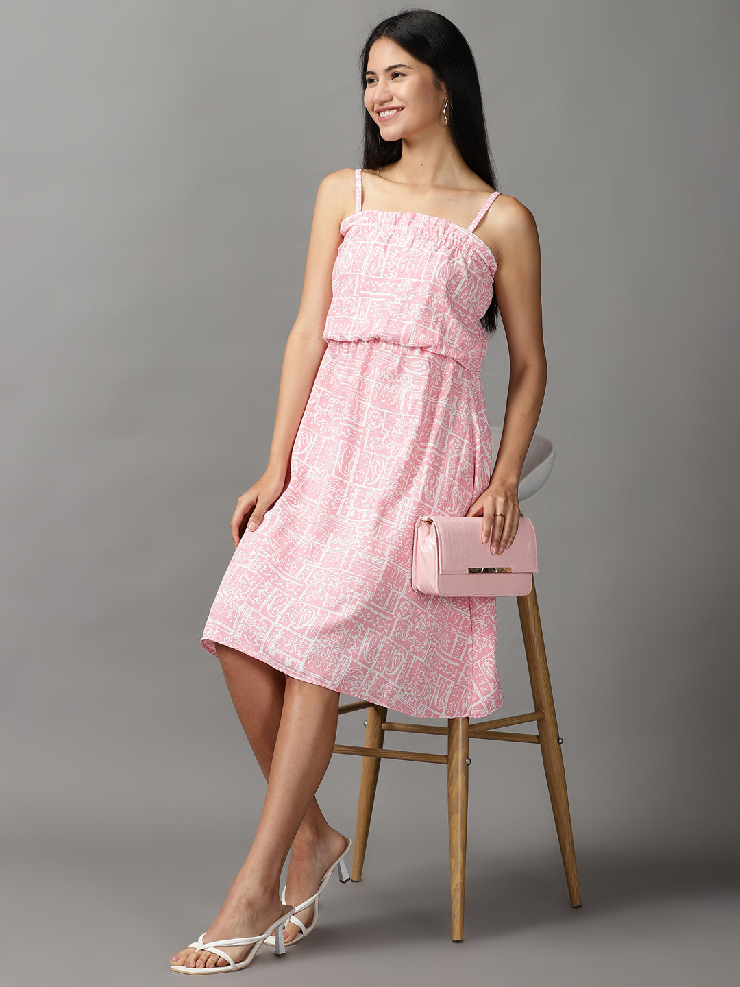 Women's Pink Ethnic Motifs Crepe Fit & Flare Dress