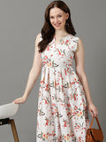 Women's White Floral Printed Notched Neck Gathered Fit & Flare Maxi Dress