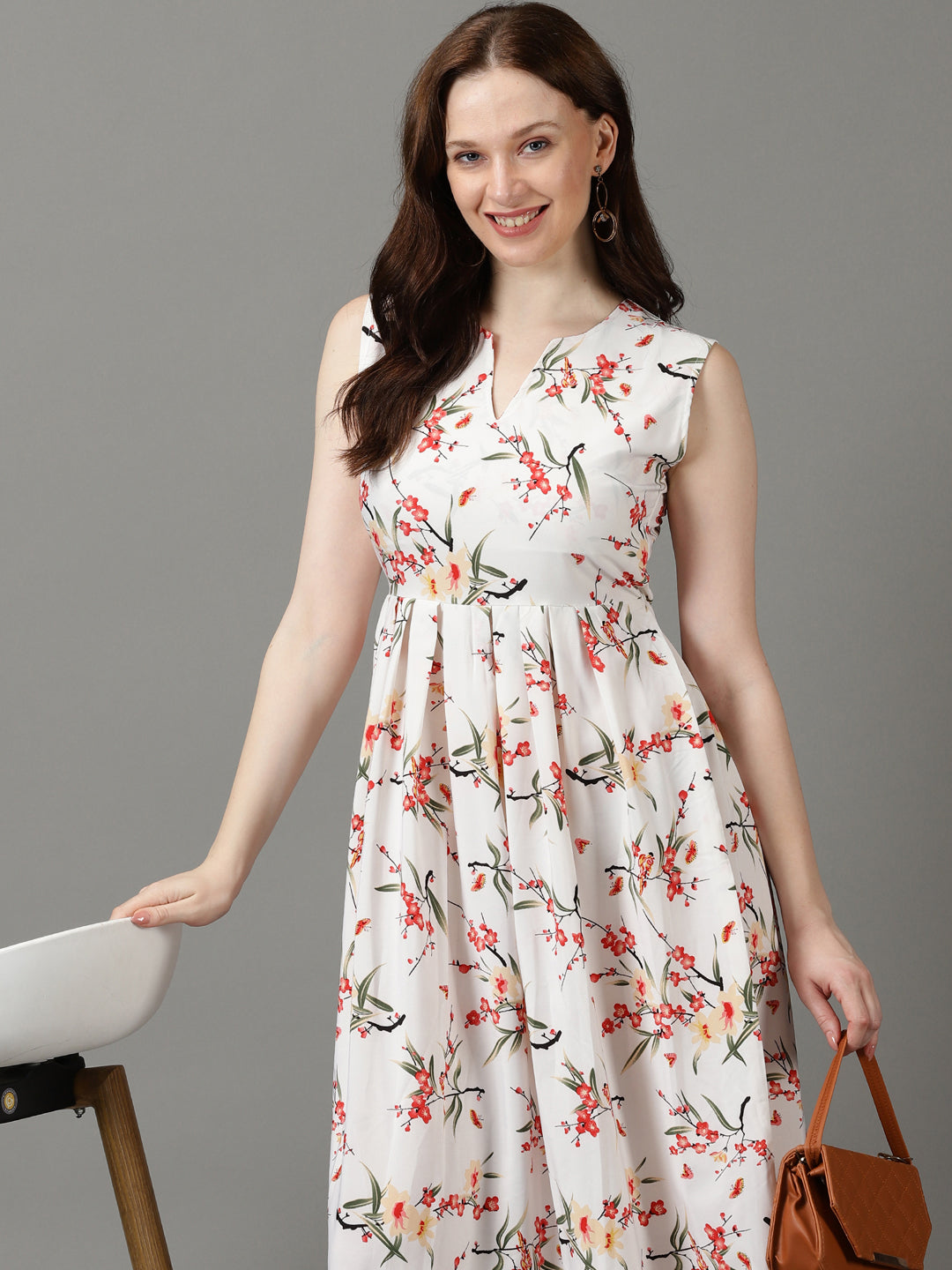 Women's White Floral Printed Notched Neck Gathered Fit & Flare Maxi Dress