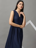 Women's Navy Blue Solid Fit and Flare Maxi Dress