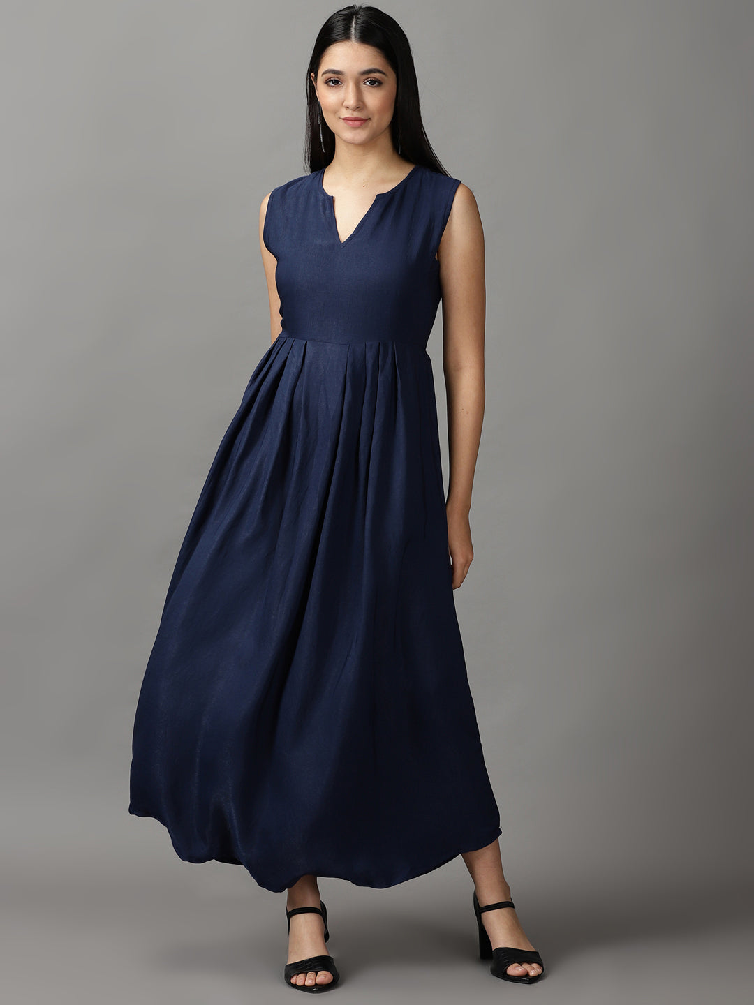 Women's Navy Blue Solid Fit and Flare Maxi Dress