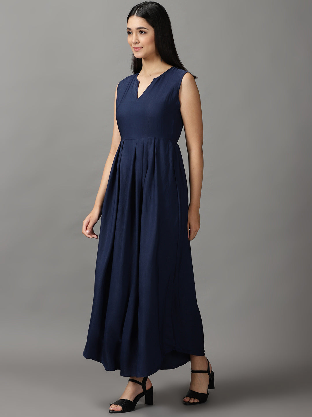 Women's Navy Blue Solid Fit and Flare Maxi Dress