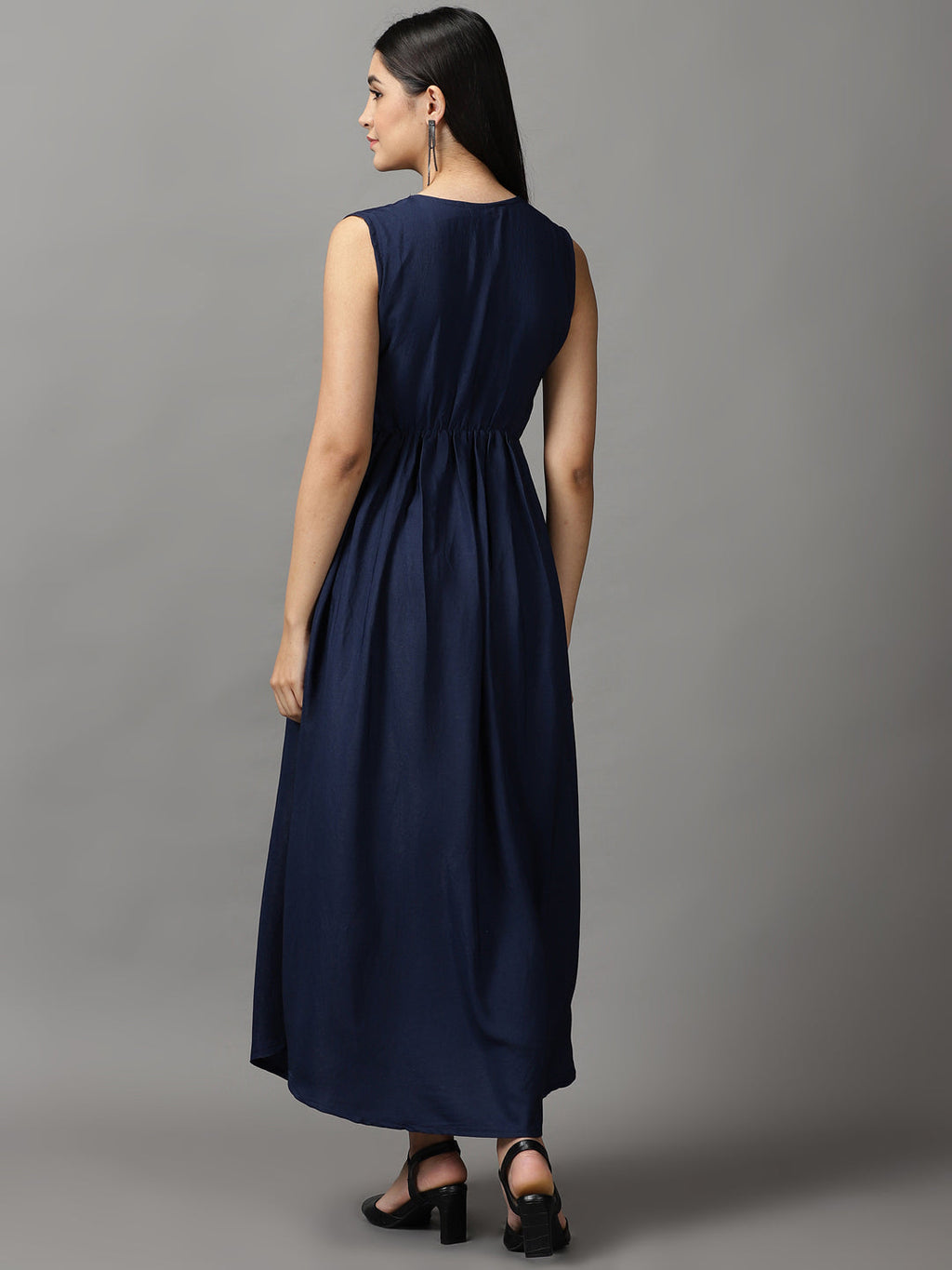 Women's Navy Blue Solid Fit and Flare Maxi Dress