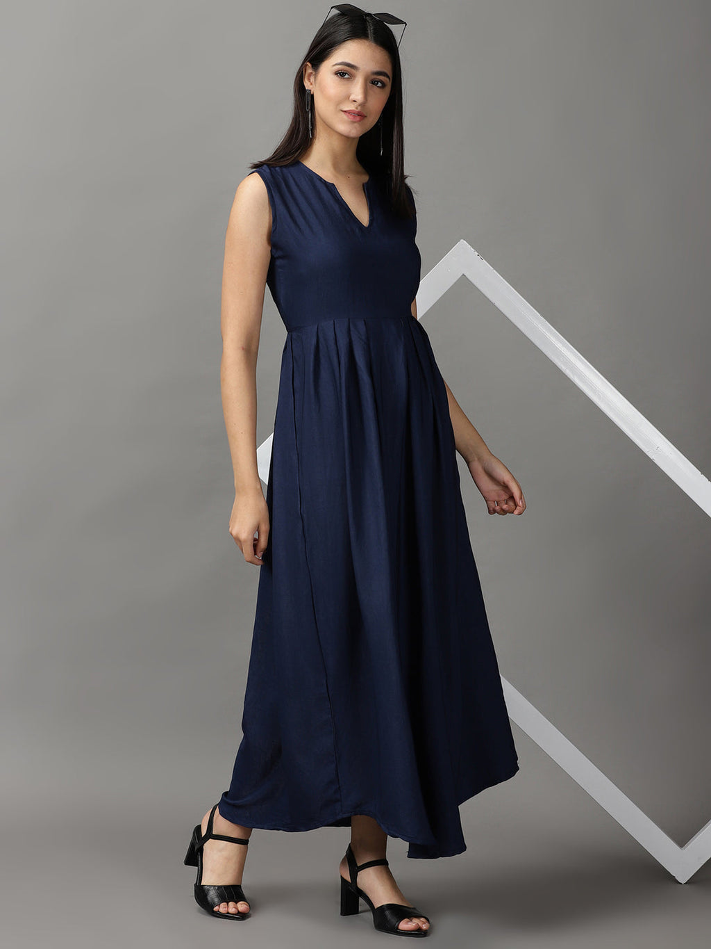Women's Navy Blue Solid Fit and Flare Maxi Dress