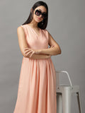 Women's Peach Sleeveless Fit and Flare Round Neck Maxi Dress