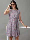 Women's Blue Floral Chiffon Fit & Flare Dress