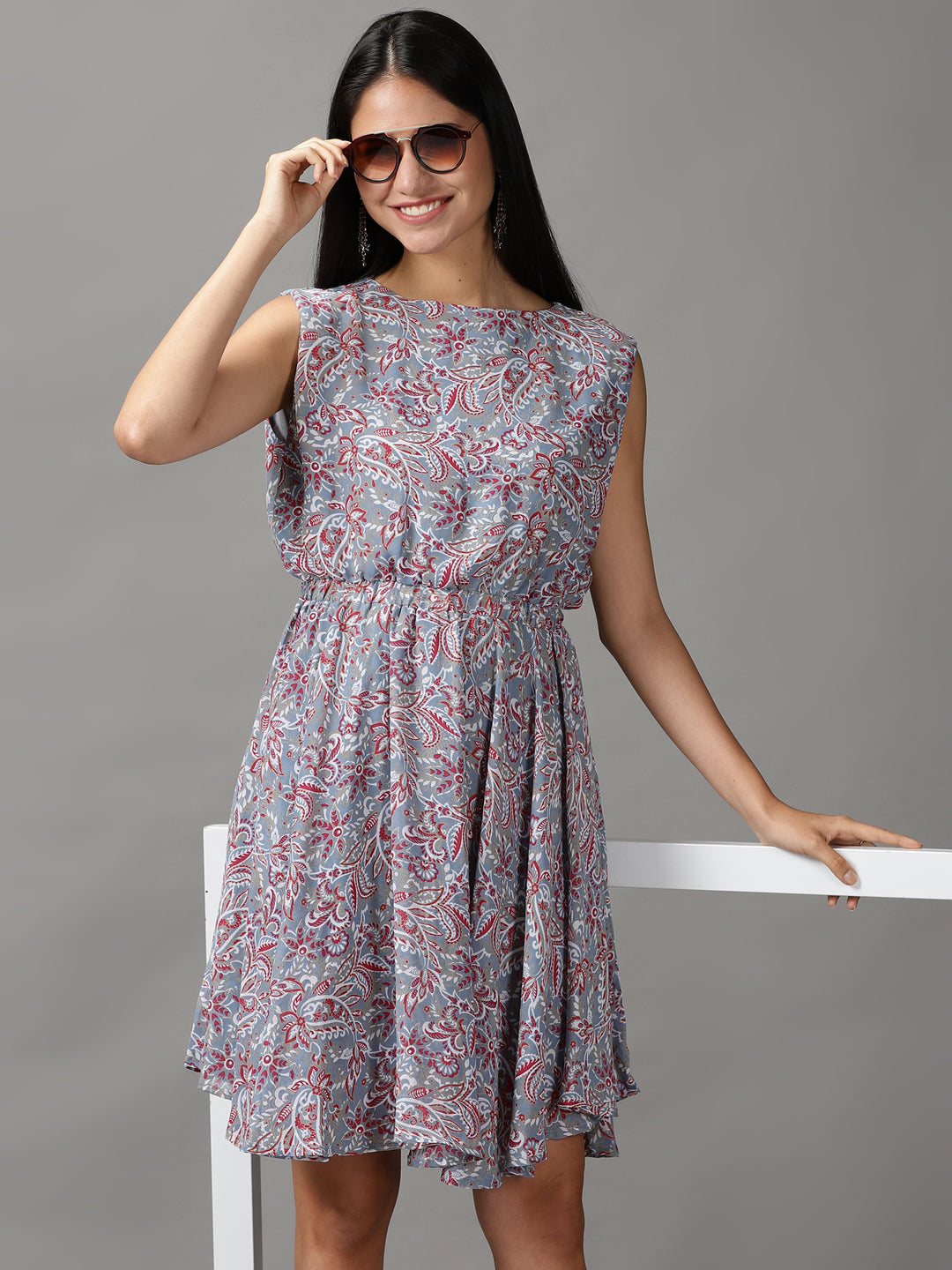 Women's Blue Floral Chiffon Fit & Flare Dress