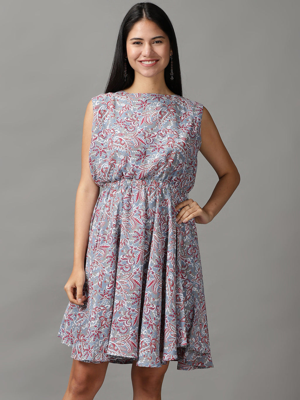 Women's Blue Floral Chiffon Fit & Flare Dress