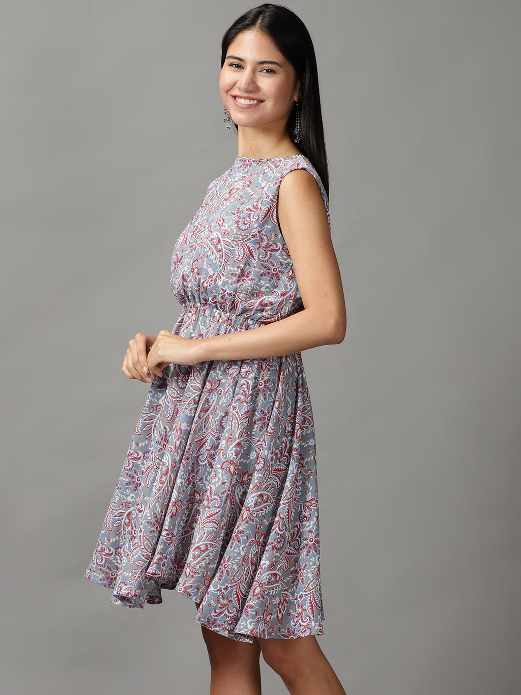 Women's Blue Floral Chiffon Fit & Flare Dress