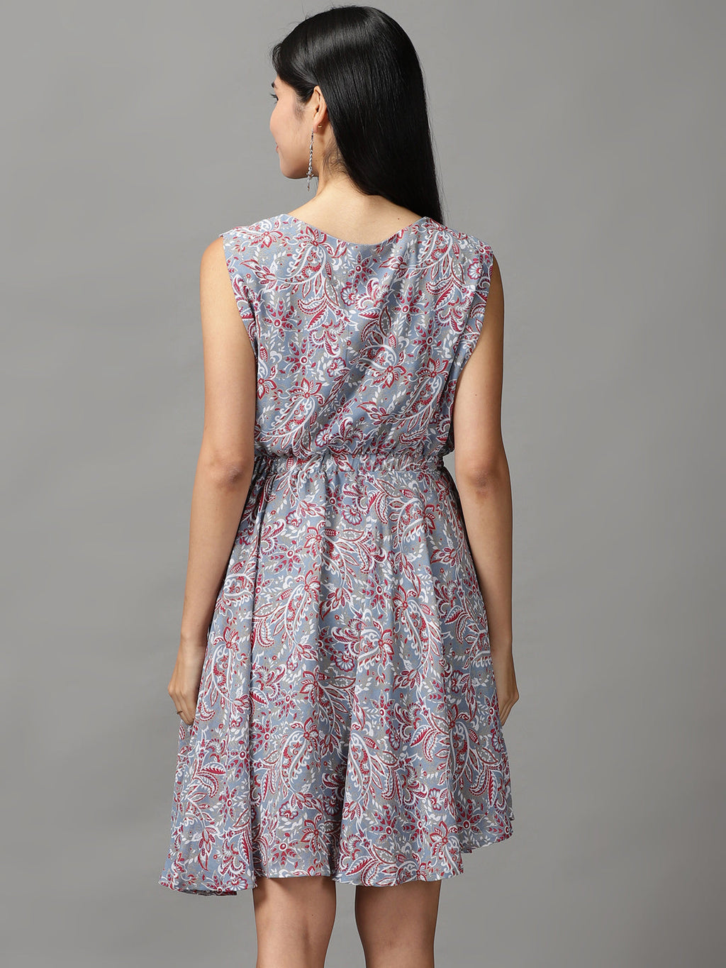Women's Blue Floral Chiffon Fit & Flare Dress