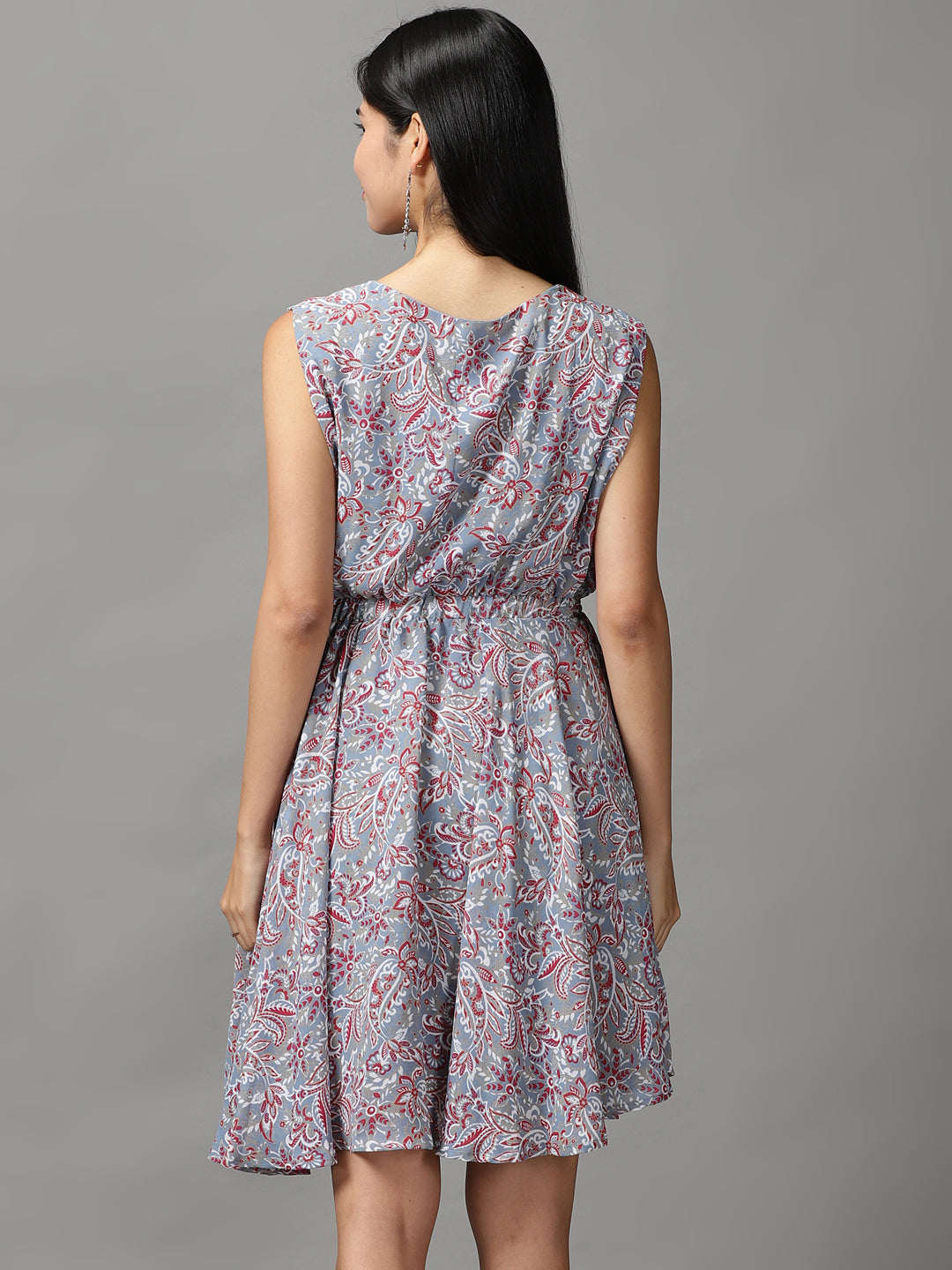 Women's Blue Floral Chiffon Fit & Flare Dress