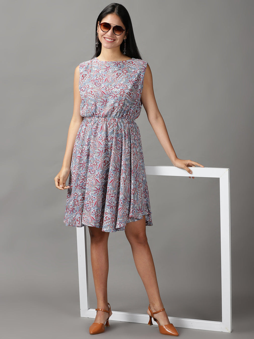Women's Blue Floral Chiffon Fit & Flare Dress