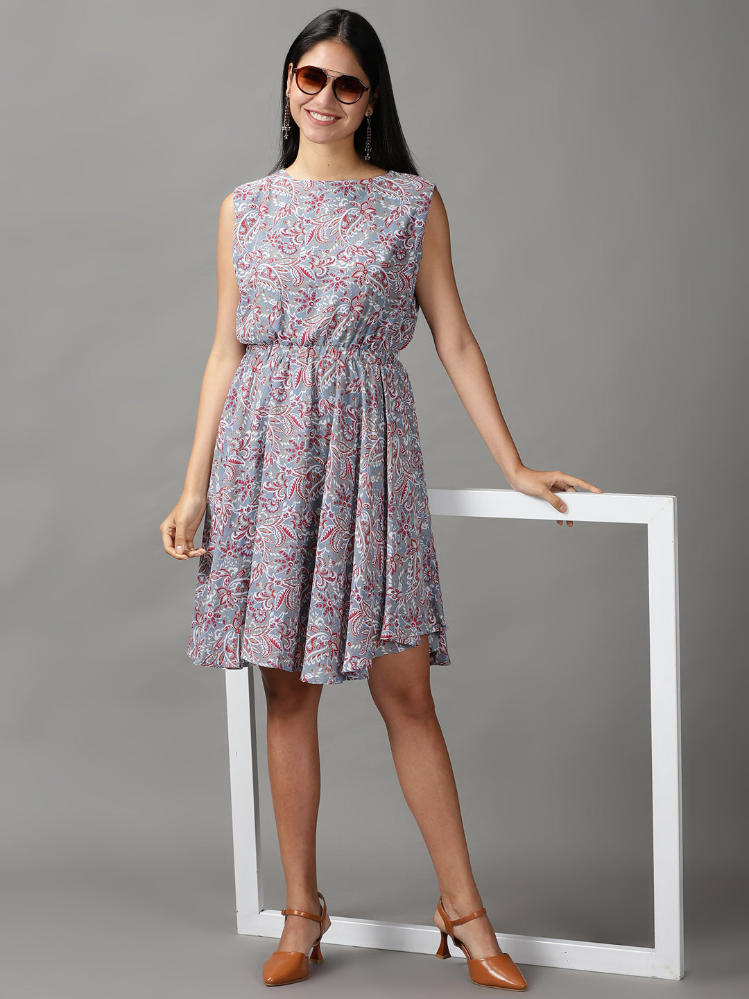 Women's Blue Floral Chiffon Fit & Flare Dress