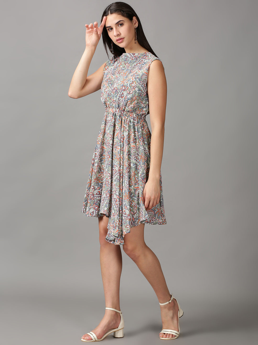 Women's Olive Ethnic Motifs Chiffon Fit & Flare Dress