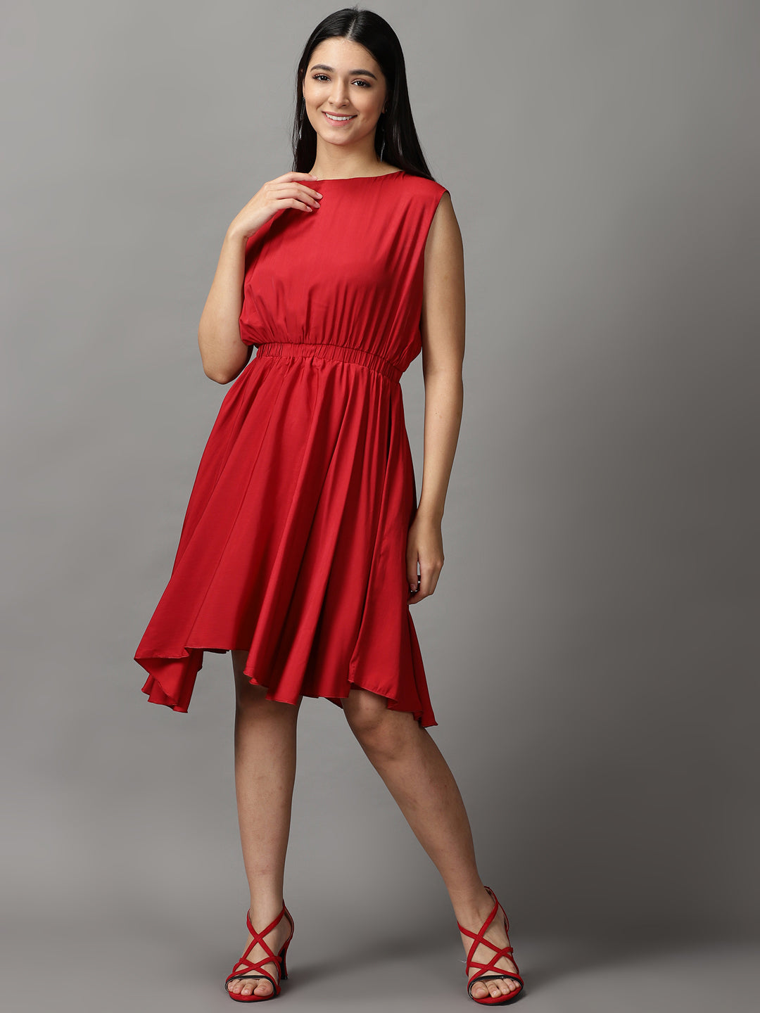 Women's Maroon Boat Neck Knee Length Fit and Flare Dress