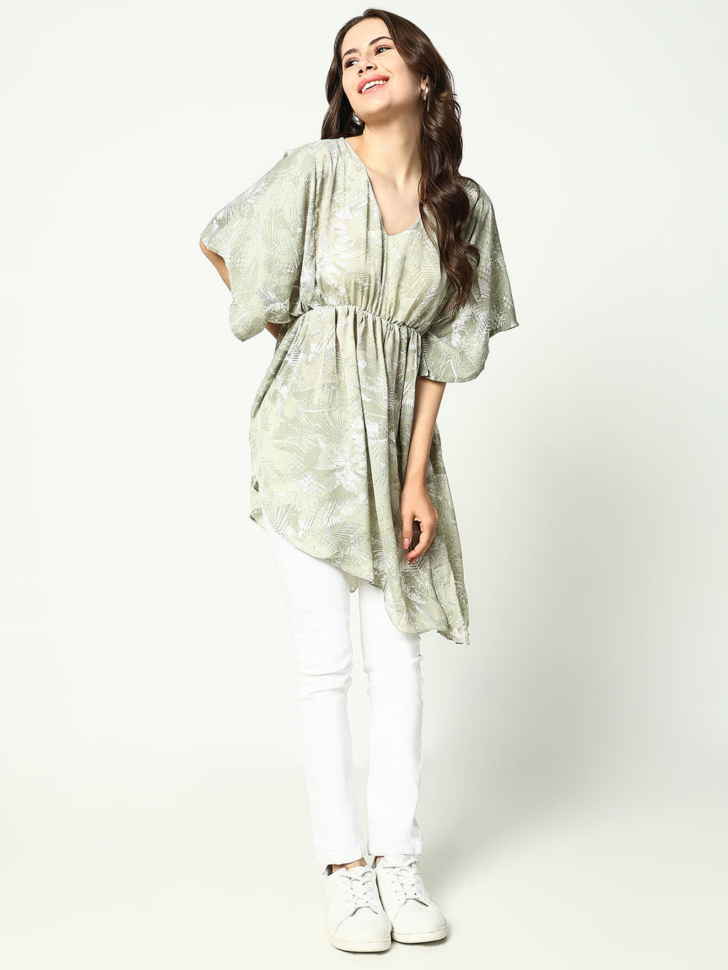 Women's Olive Tropical Chiffon Fit & Flare Top