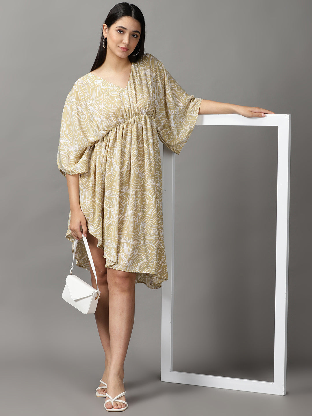 Women's Beige Abstract Fit and Flare Dress