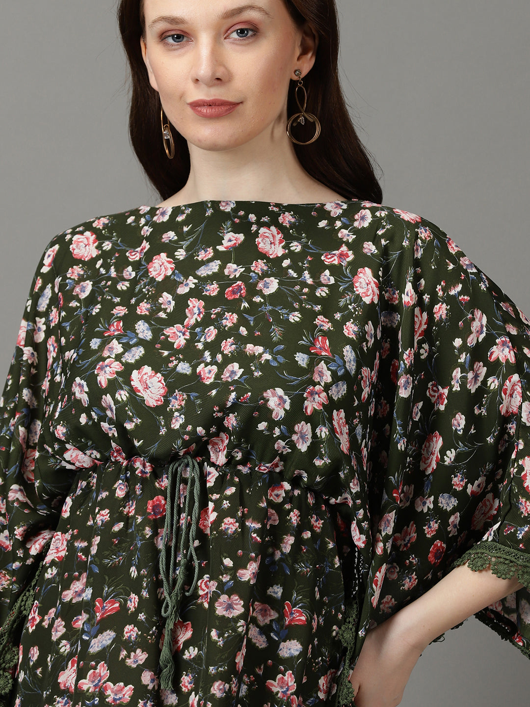 Women's Olive Floral Printed Kimono Sleeves Lace Inserts Kaftan Dress