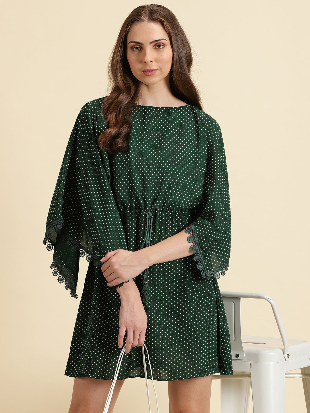 Women's Green Polka Dot Printed Chiffon A-Line Dress