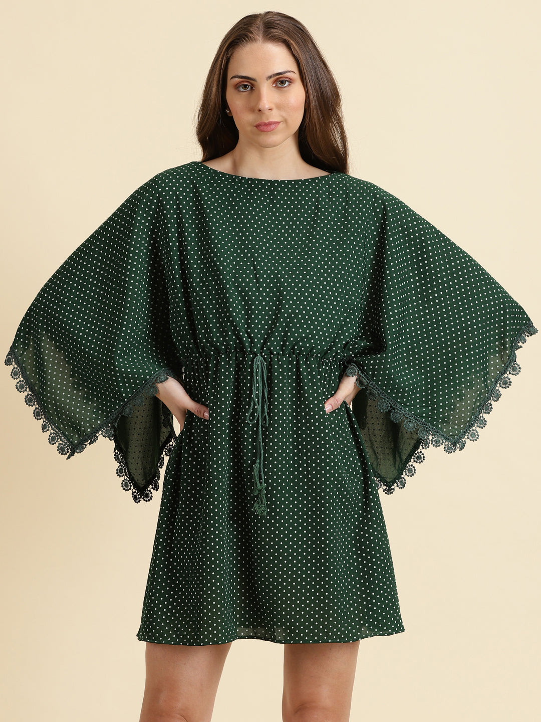 Women's Green Polka Dot Printed Chiffon A-Line Dress