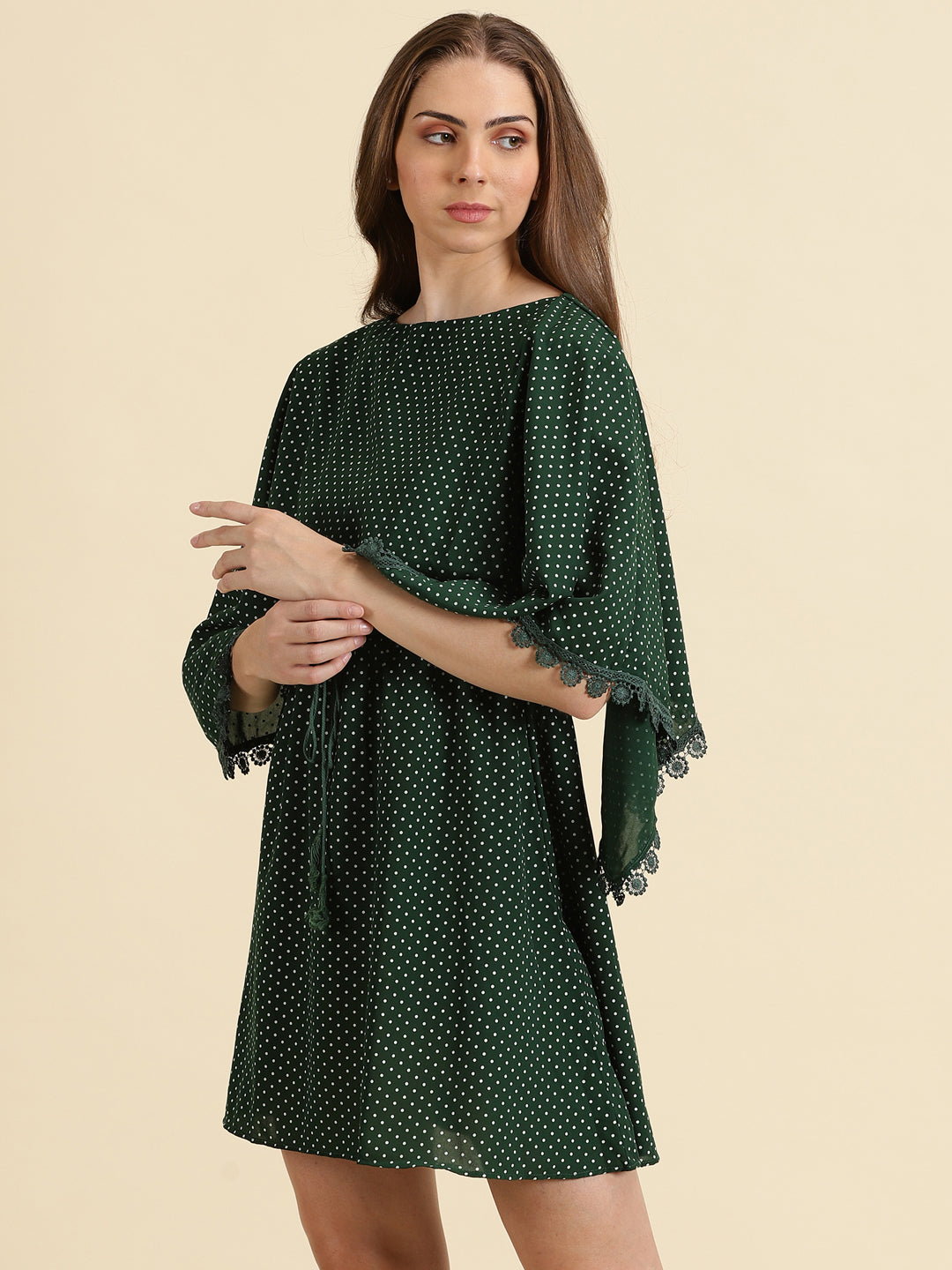 Women's Green Polka Dot Printed Chiffon A-Line Dress