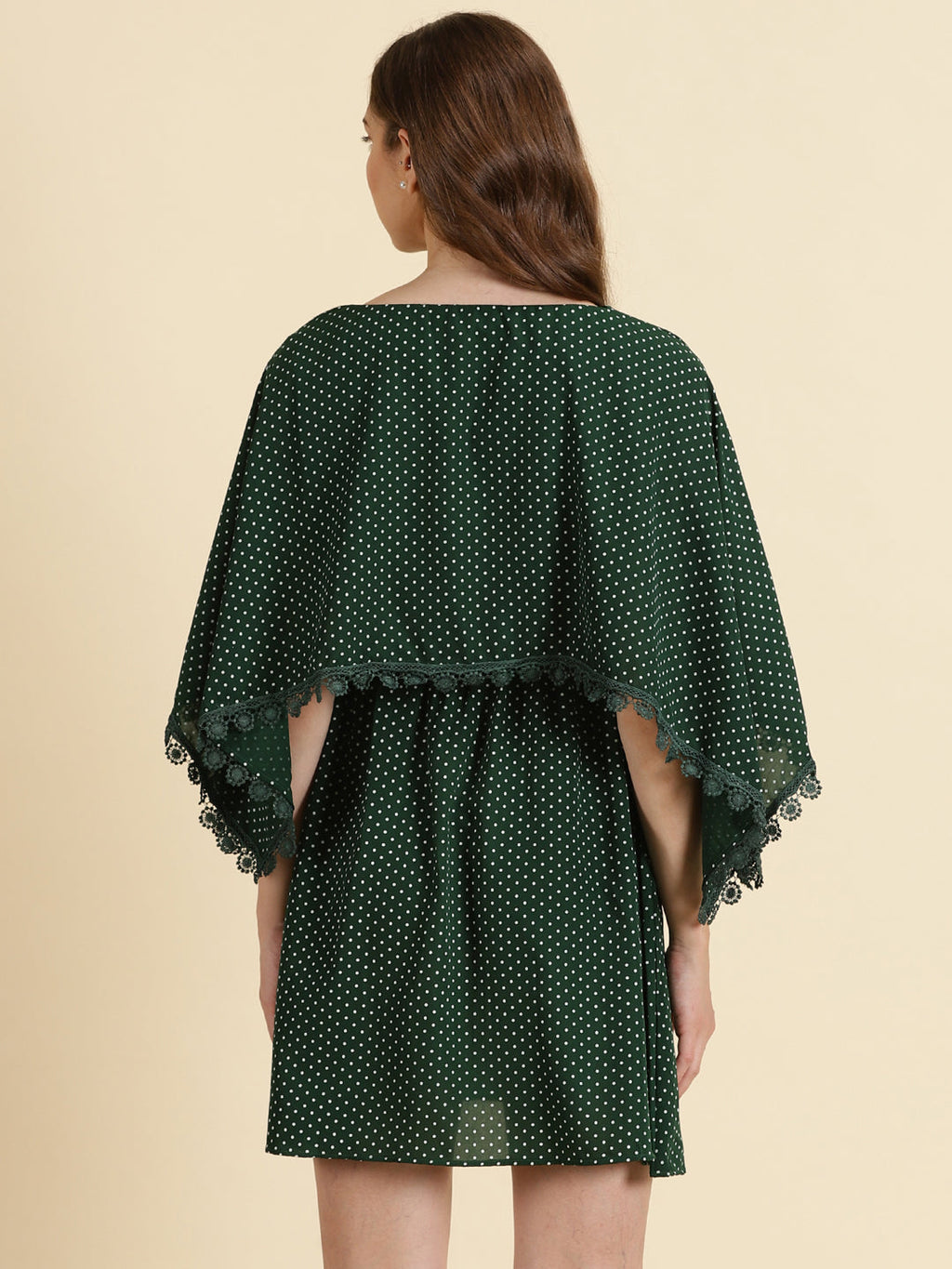 Women's Green Polka Dot Printed Chiffon A-Line Dress