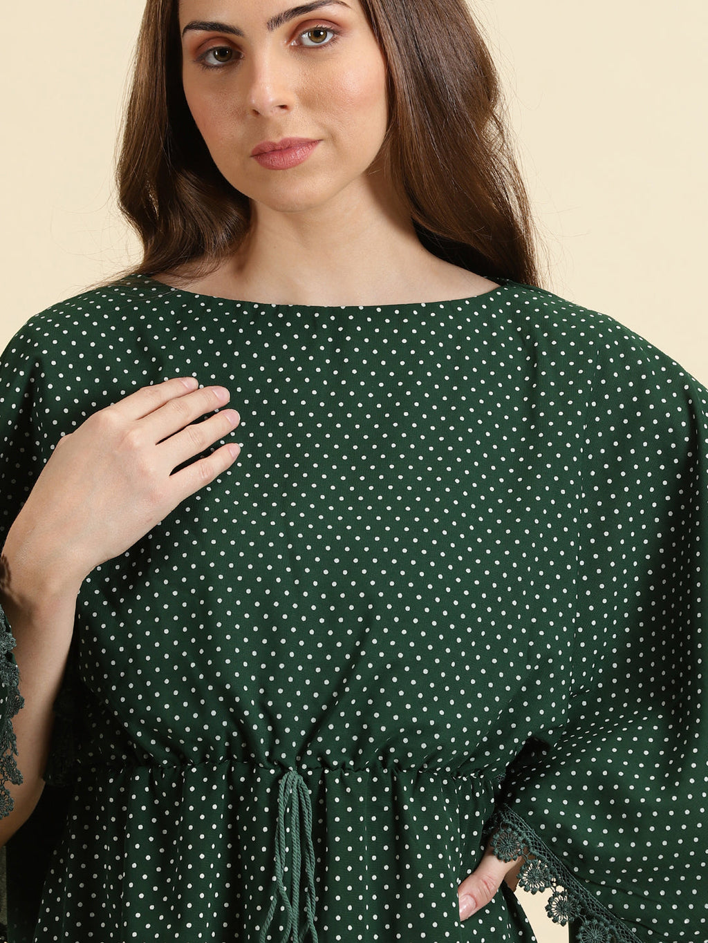 Women's Green Polka Dot Printed Chiffon A-Line Dress