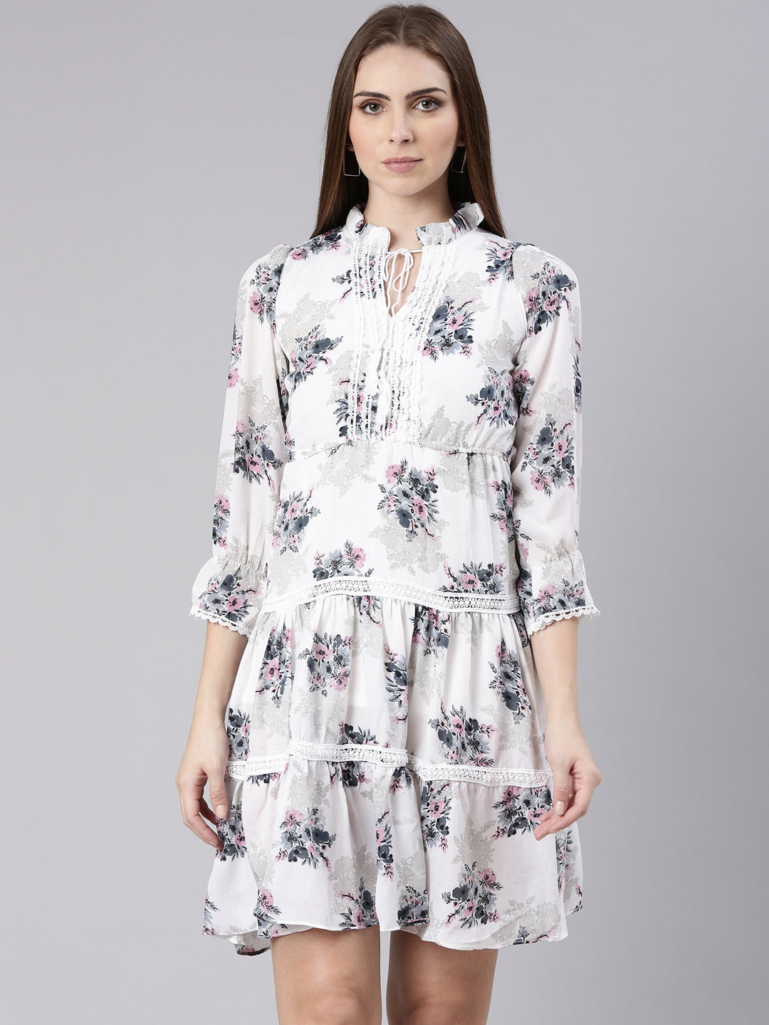 Women's White Floral Print Puff Sleeve Fit & Flare Dress