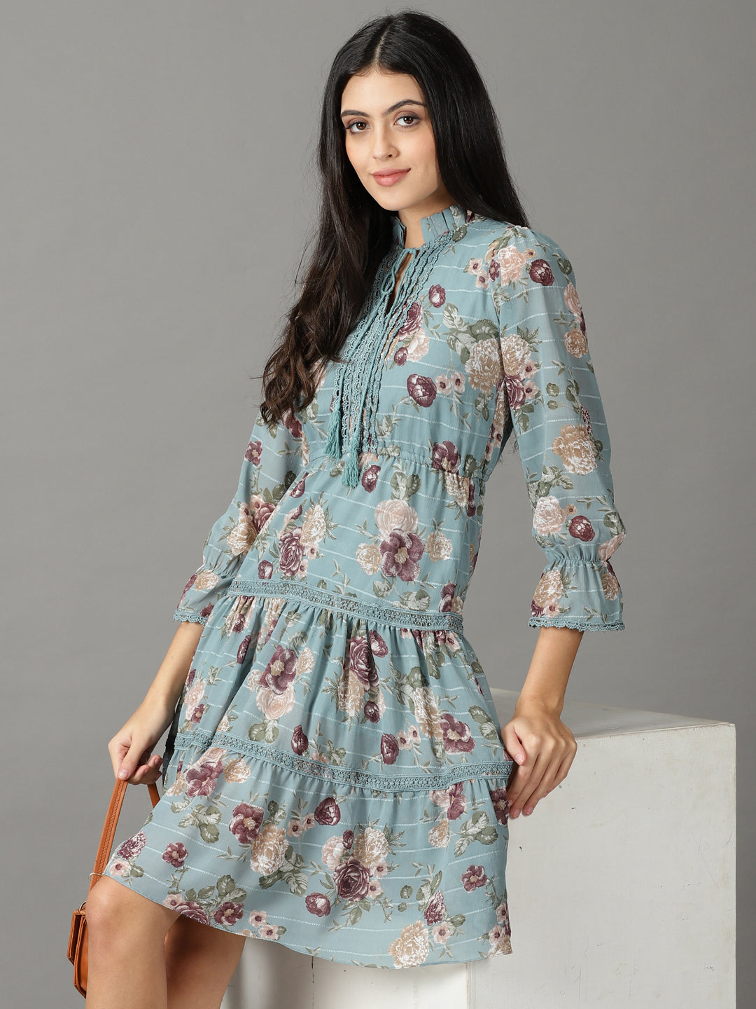 Women's Teal Floral Tie-Up Neck Chiffon A-Line Dress