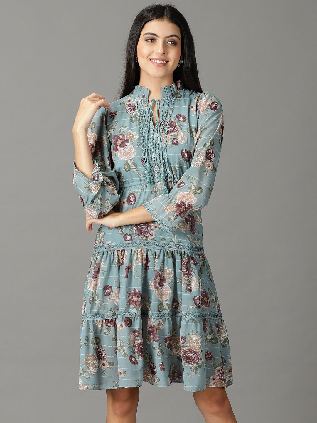Women's Teal Floral Tie-Up Neck Chiffon A-Line Dress