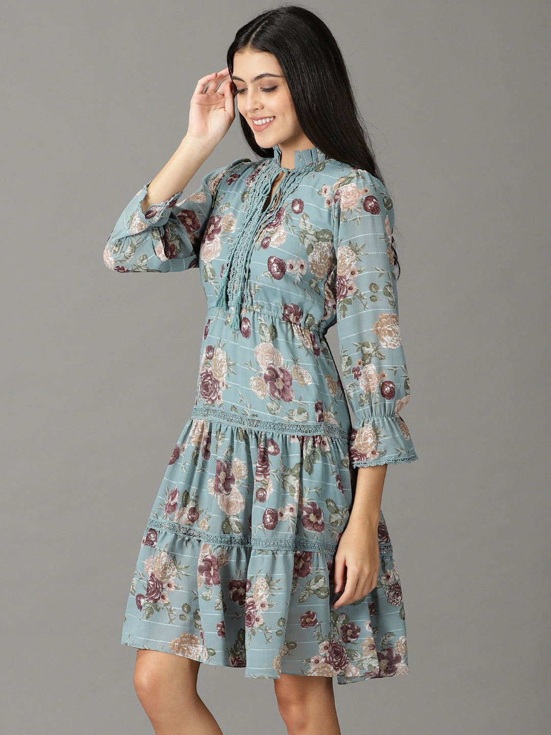 Women's Teal Floral Tie-Up Neck Chiffon A-Line Dress