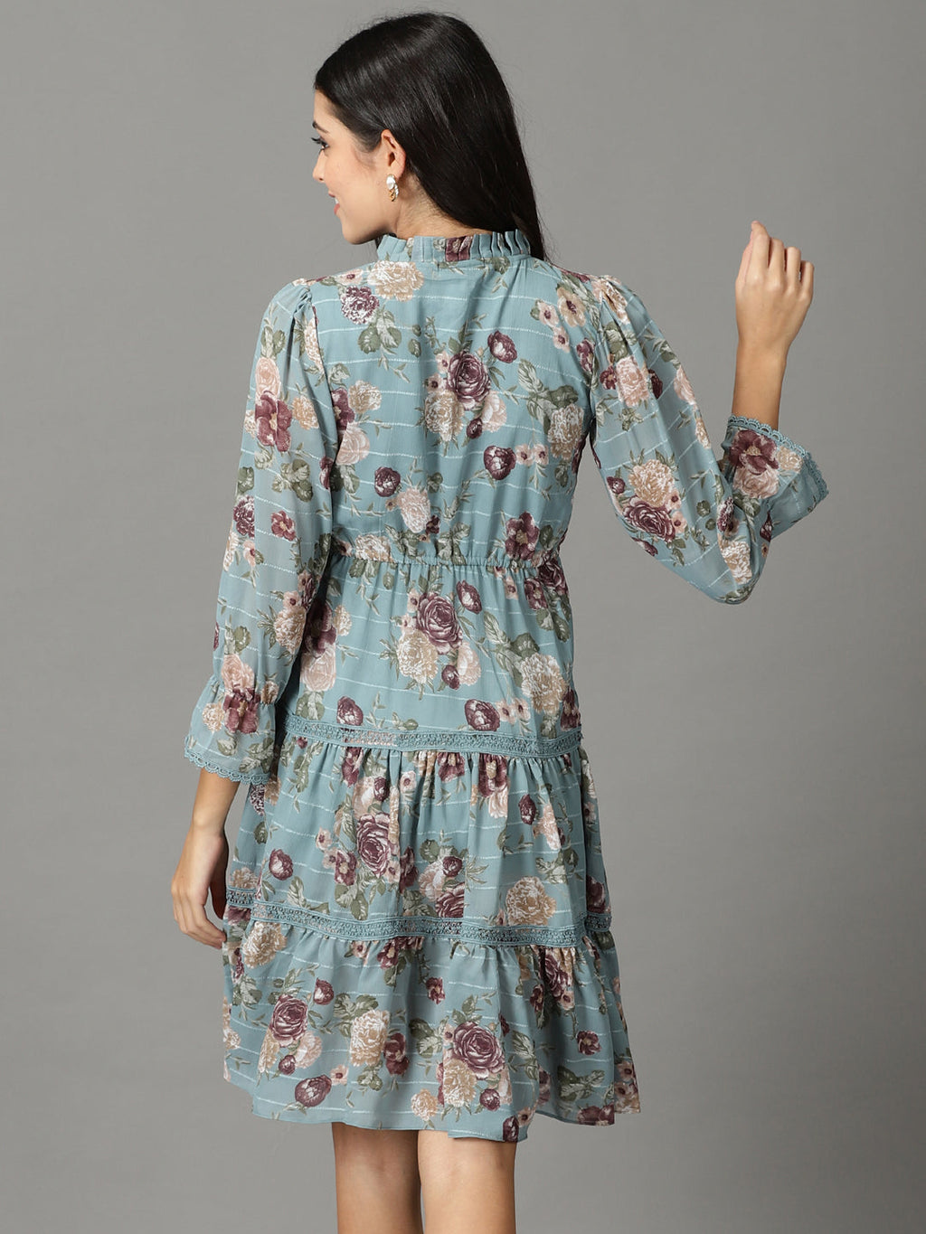 Women's Teal Floral Tie-Up Neck Chiffon A-Line Dress